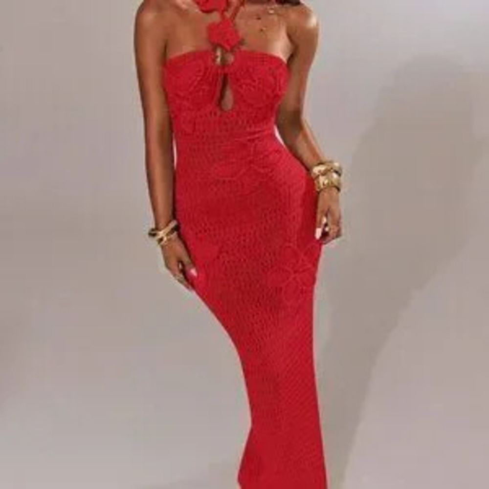 Red Sexy Women's Backless Halter Neck Maxi Knit Dress